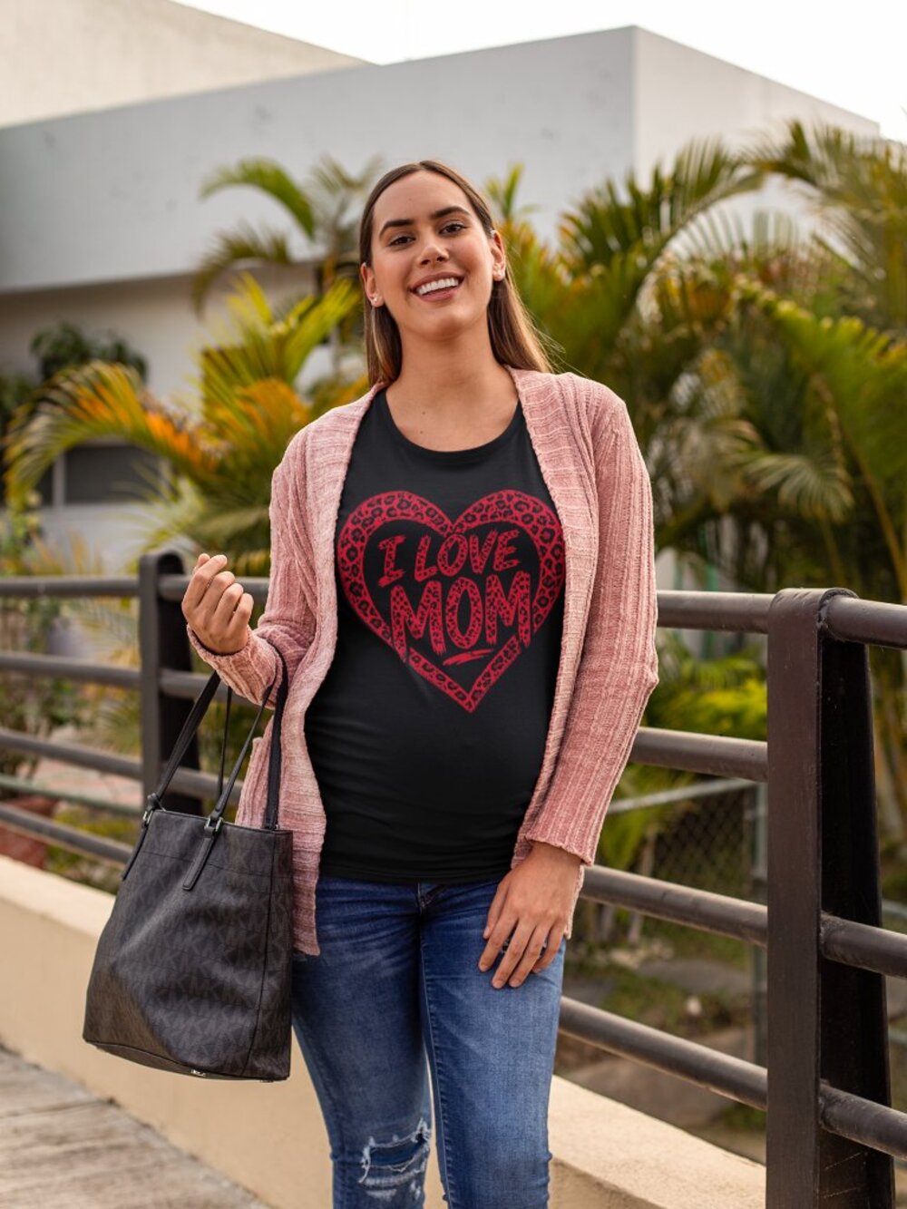 I Love Mom Leopard Heart Shirt, Mother’s Day Graphic Tee, Red Heart Mom Shirt